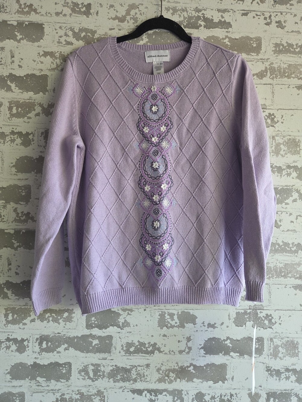 NWT Alfred Dunner Lilac Purple Diamond Knit Rhinestone Embellished Sweater Small